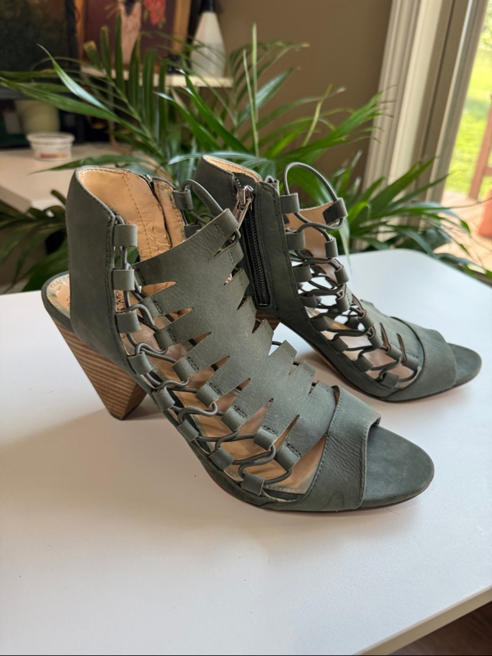 Vince Camuto Olive Green Braided Cutout Block Heel Sandals
